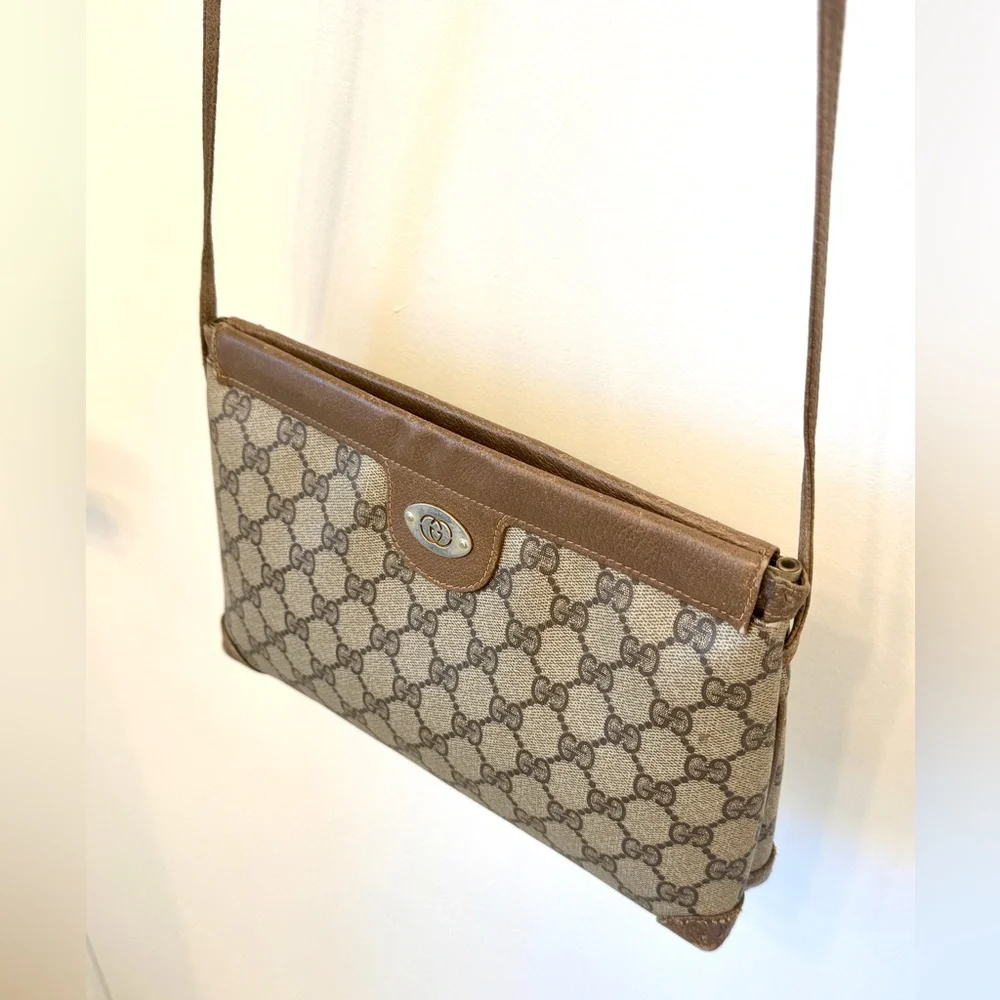 Gucci Vintage Crossbody Coated Canvas Shoulder Bag GG Monogram Leather Trim - Picture 10 of 17